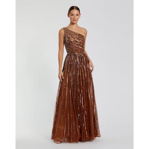 Mac Duggal Embellished One Shoulder A-Line Wedding Guest Maxi Gown Copper 14 NWT - Picture 1 of 12
